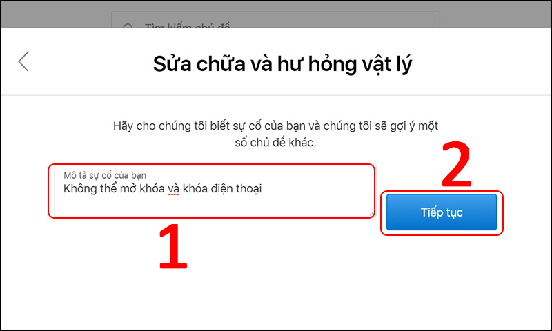  Mô tả vấn đề > Chọn Tiếp tục.